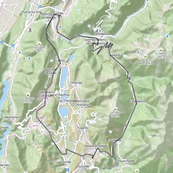 Kartminiatyr av "Vizille till Laffrey cykeltur" cykelinspiration i Rhône-Alpes, France. Genererad av Tarmacs.app cykelruttplanerare
