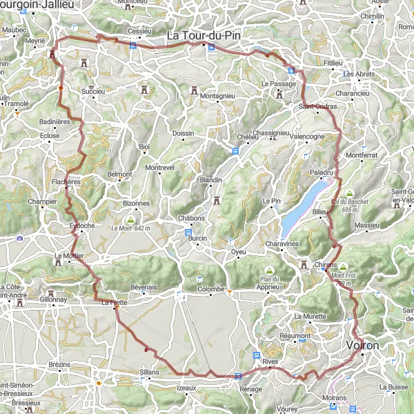 Kartminiatyr av "Eventyrlig Gruskjøring i Rhône-Alpes" sykkelinspirasjon i Rhône-Alpes, France. Generert av Tarmacs.app sykkelrutoplanlegger