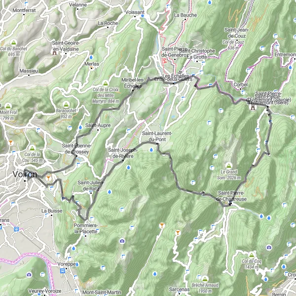 Map miniature of "Voiron - Saint-Aupre - Tourniquet de Pierre-Chave - Saint-Christophe-sur-Guiers - Pointe du Frou - Col du Cucheron - Saint-Pierre-de-Chartreuse - Saint-Laurent-du-Pont - Col de la Placette - Voiron" cycling inspiration in Rhône-Alpes, France. Generated by Tarmacs.app cycling route planner