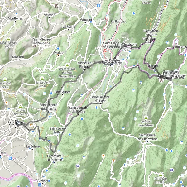 Karttaminiaatyyri "Tie korkeille huipuille" pyöräilyinspiraatiosta alueella Rhône-Alpes, France. Luotu Tarmacs.app pyöräilyreittisuunnittelijalla