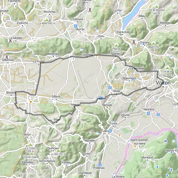 Zemljevid v pomanjšavi "Voiron do Tour Barral" kolesarske inspiracije v Rhône-Alpes, France. Generirano z načrtovalcem kolesarskih poti Tarmacs.app