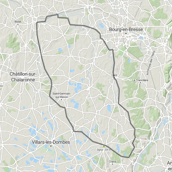 Mapa miniatúra "Okruhová cyklistická trasa Vonnas - Buellas - Dompierre-sur-Veyle - Chalamont - Signal - Marlieux - Vonnas" cyklistická inšpirácia v Rhône-Alpes, France. Vygenerované cyklistickým plánovačom trás Tarmacs.app