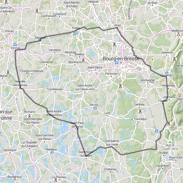 Miniatura della mappa di ispirazione al ciclismo "Circuito delle Campagne di Vonnas" nella regione di Rhône-Alpes, France. Generata da Tarmacs.app, pianificatore di rotte ciclistiche