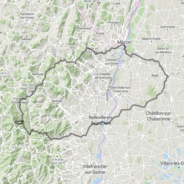 Miniatua del mapa de inspiración ciclista "Ruta de Ciclismo en Carretera desde Vonnas" en Rhône-Alpes, France. Generado por Tarmacs.app planificador de rutas ciclistas