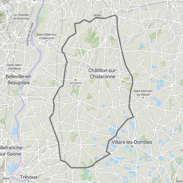 Zemljevid v pomanjšavi "Vonnas - Bouligneux - Saint-Jean-de-Thurigneux - Saint-Étienne-sur-Chalaronne - Biziat" kolesarske inspiracije v Rhône-Alpes, France. Generirano z načrtovalcem kolesarskih poti Tarmacs.app