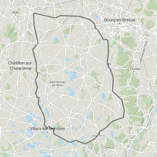 Mapa miniatúra "Cyklistický okruh cez Buellas, Dompierre-sur-Veyle, Signal, Versailleux, Villars-les-Dombes a Neuville-les-Dames" cyklistická inšpirácia v Rhône-Alpes, France. Vygenerované cyklistickým plánovačom trás Tarmacs.app