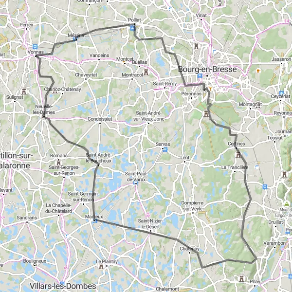 Miniatura della mappa di ispirazione al ciclismo "Tour in bicicletta attraverso Saint-Denis-lès-Bourg e Neuville-les-Dames" nella regione di Rhône-Alpes, France. Generata da Tarmacs.app, pianificatore di rotte ciclistiche