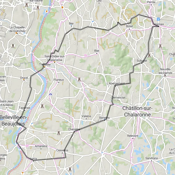 Miniatua del mapa de inspiración ciclista "Ruta de Ciclismo en Carretera desde Vonnas: Paisajes y Pueblos" en Rhône-Alpes, France. Generado por Tarmacs.app planificador de rutas ciclistas