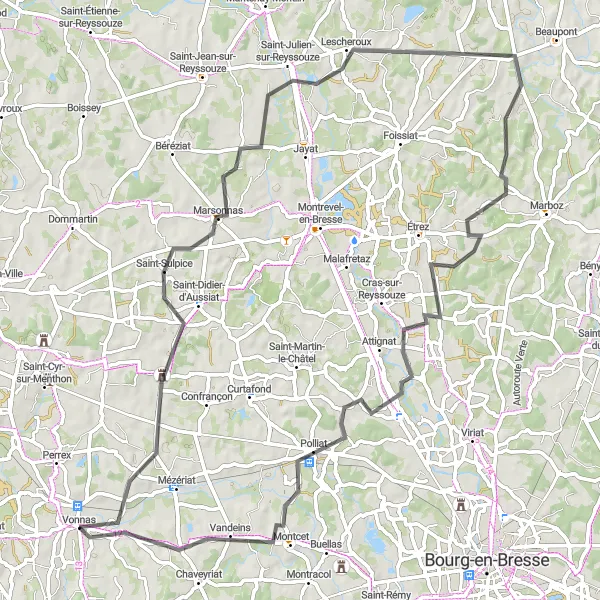 Miniaturní mapa "Trasa kolem Vonnas" inspirace pro cyklisty v oblasti Rhône-Alpes, France. Vytvořeno pomocí plánovače tras Tarmacs.app