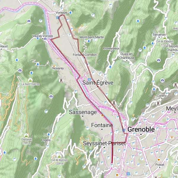 Miniatura della mappa di ispirazione al ciclismo "Rocher du Cornillon e Tour des Templiers" nella regione di Rhône-Alpes, France. Generata da Tarmacs.app, pianificatore di rotte ciclistiche