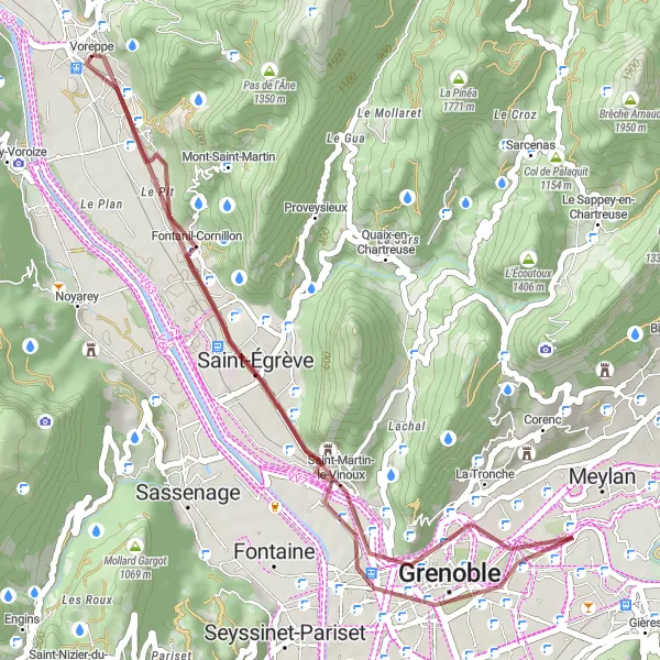 Kartminiatyr av "Voreppe til Grenoble Grusvei Loop" sykkelinspirasjon i Rhône-Alpes, France. Generert av Tarmacs.app sykkelrutoplanlegger