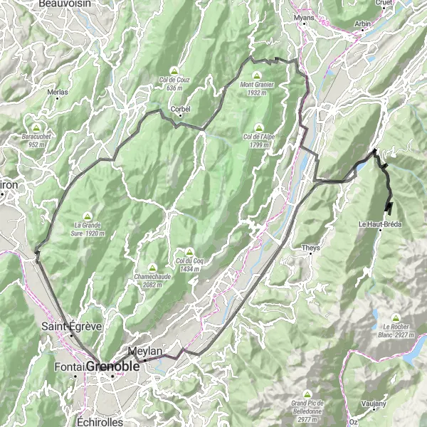 Karttaminiaatyyri "Haasteellinen reitti Voreppestä" pyöräilyinspiraatiosta alueella Rhône-Alpes, France. Luotu Tarmacs.app pyöräilyreittisuunnittelijalla
