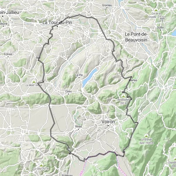 Karttaminiaatyyri "Voreppe - Bec de l'Échaillon Circuit" pyöräilyinspiraatiosta alueella Rhône-Alpes, France. Luotu Tarmacs.app pyöräilyreittisuunnittelijalla