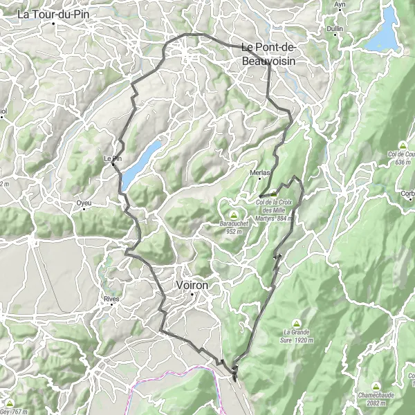 Miniatuurkaart van de fietsinspiratie "Fietsen langs betoverende landschappen" in Rhône-Alpes, France. Gemaakt door de Tarmacs.app fietsrouteplanner