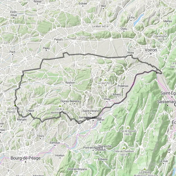 Miniaturní mapa "Cyklostezka s náročným stoupáním a historickými památkami" inspirace pro cyklisty v oblasti Rhône-Alpes, France. Vytvořeno pomocí plánovače tras Tarmacs.app