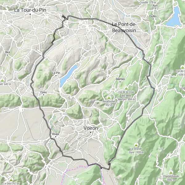 Kartminiatyr av "Voreppe til Bec de l'Échaillon" sykkelinspirasjon i Rhône-Alpes, France. Generert av Tarmacs.app sykkelrutoplanlegger