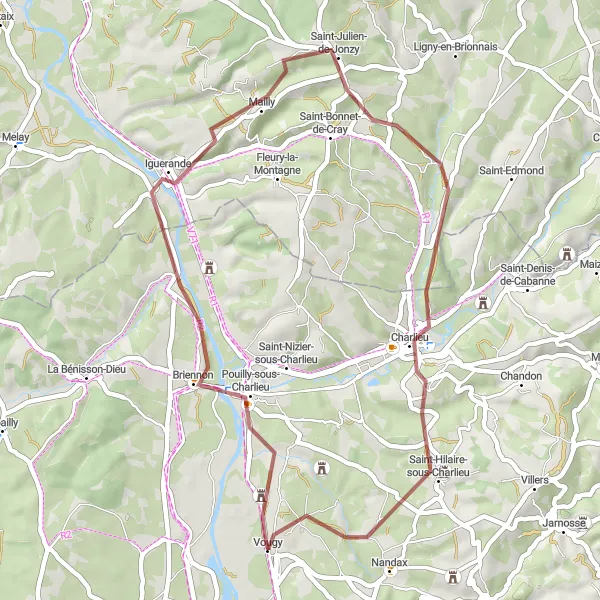 Miniatua del mapa de inspiración ciclista "Ruta de Grava a través de Vougy y alrededores" en Rhône-Alpes, France. Generado por Tarmacs.app planificador de rutas ciclistas