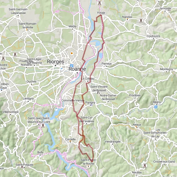 Map miniature of "Roanne and Saint-Priest-la-Roche Ride" cycling inspiration in Rhône-Alpes, France. Generated by Tarmacs.app cycling route planner