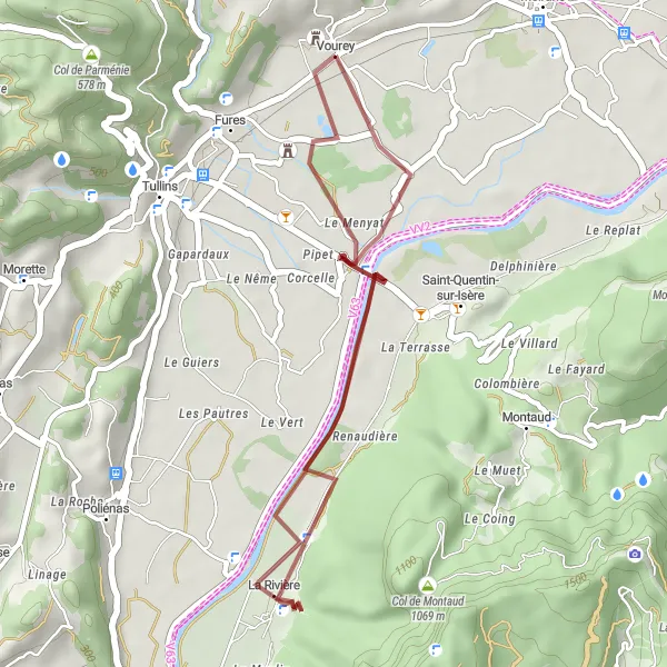 Kartminiatyr av "Oppdag La Rivière på grusveier" sykkelinspirasjon i Rhône-Alpes, France. Generert av Tarmacs.app sykkelrutoplanlegger