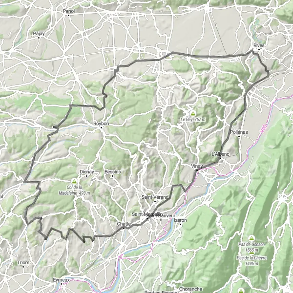 Miniatua del mapa de inspiración ciclista "Ruta de ciclismo de carretera Vourey - Tullins - L'Albenc - Montfalcon - Bressieux - Izeaux - Rives" en Rhône-Alpes, France. Generado por Tarmacs.app planificador de rutas ciclistas