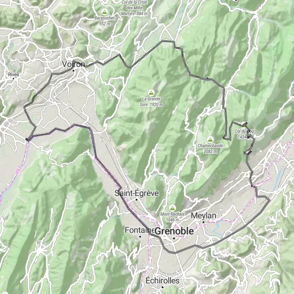 Miniaturní mapa "Významná cyklotrasa v okolí Vourey" inspirace pro cyklisty v oblasti Rhône-Alpes, France. Vytvořeno pomocí plánovače tras Tarmacs.app