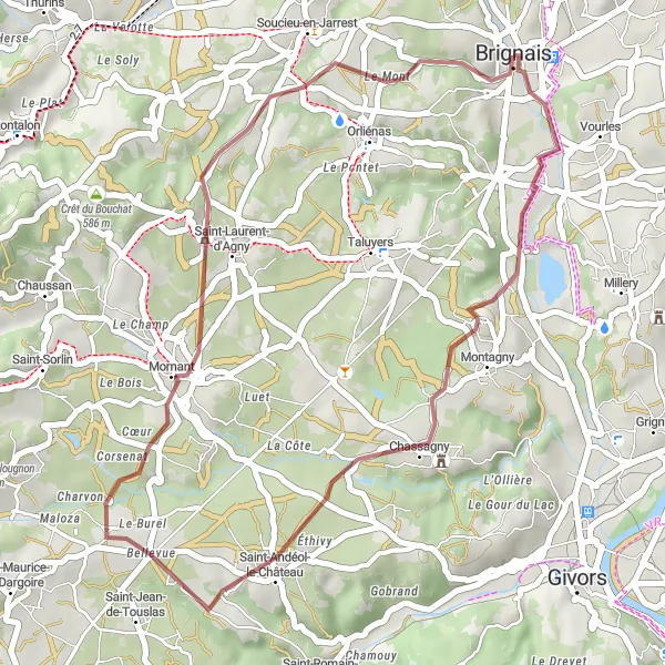 Miniatua del mapa de inspiración ciclista "Viaje de grava a través de Brignais" en Rhône-Alpes, France. Generado por Tarmacs.app planificador de rutas ciclistas