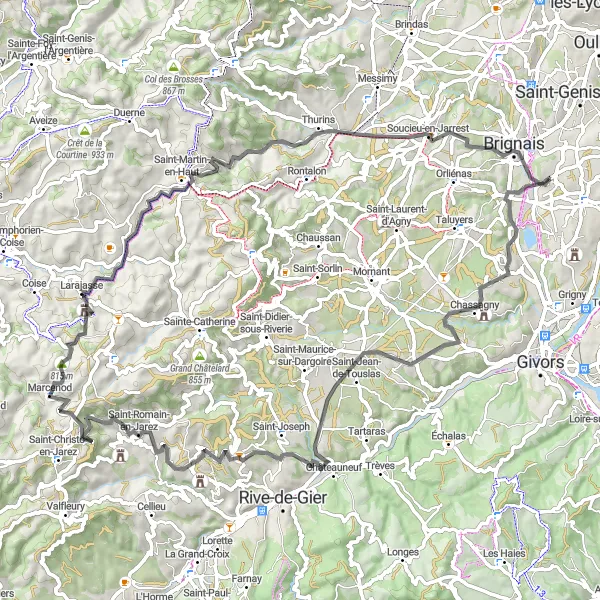 Map miniature of "The Monts du Lyonnais Circuit" cycling inspiration in Rhône-Alpes, France. Generated by Tarmacs.app cycling route planner