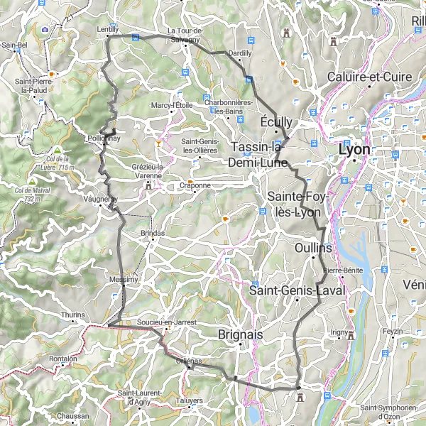 Map miniature of "Charly to Manoir du Grand-Perron Loop" cycling inspiration in Rhône-Alpes, France. Generated by Tarmacs.app cycling route planner