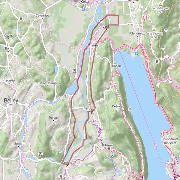 Kartminiatyr av "Gravelopplevelse rundt Yenne" sykkelinspirasjon i Rhône-Alpes, France. Generert av Tarmacs.app sykkelrutoplanlegger