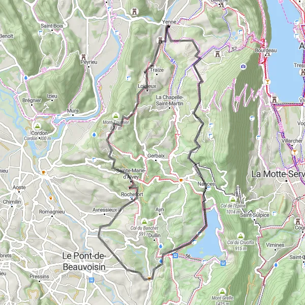 Miniatua del mapa de inspiración ciclista "Ruta de los lagos y colinas" en Rhône-Alpes, France. Generado por Tarmacs.app planificador de rutas ciclistas