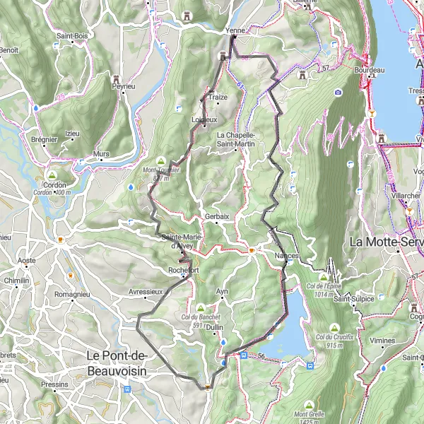 Kartminiatyr av "Sjöar och bergsrundtur" cykelinspiration i Rhône-Alpes, France. Genererad av Tarmacs.app cykelruttplanerare