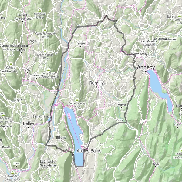 Map miniature of "The Rhône-Alpes Loop" cycling inspiration in Rhône-Alpes, France. Generated by Tarmacs.app cycling route planner