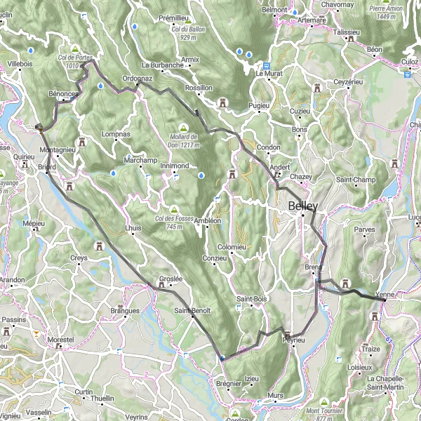 Kartminiatyr av "Spännande vägcykeltur från Yenne" cykelinspiration i Rhône-Alpes, France. Genererad av Tarmacs.app cykelruttplanerare