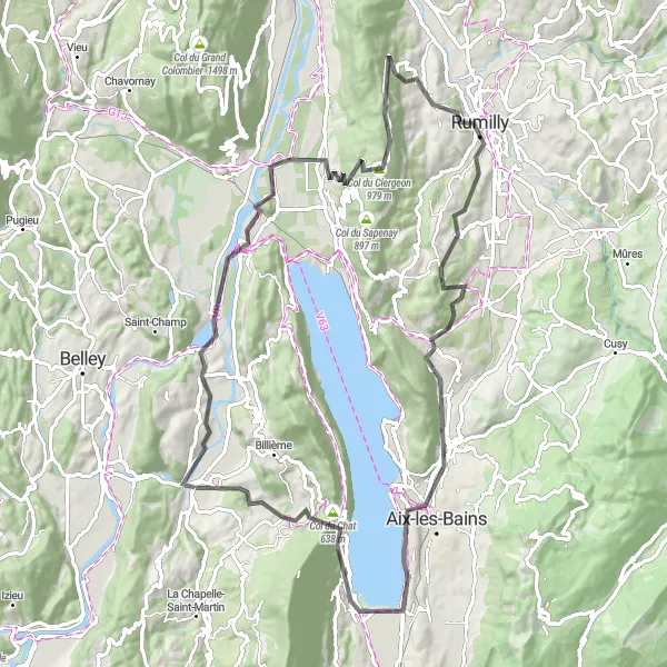 Map miniature of "Epic Ride to Le Bourget-du-Lac" cycling inspiration in Rhône-Alpes, France. Generated by Tarmacs.app cycling route planner