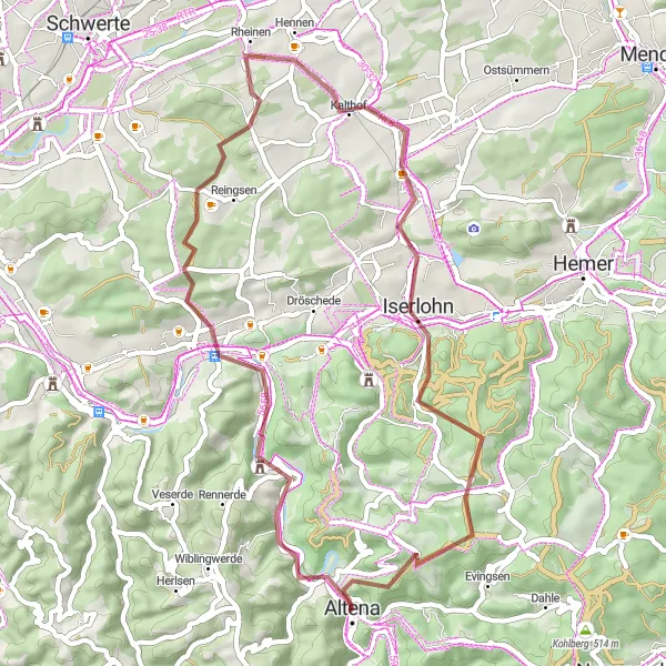 Karten-Miniaturansicht der Radinspiration "Entspannte Graveltour um den Bergfried" in Arnsberg, Germany. Erstellt vom Tarmacs.app-Routenplaner für Radtouren