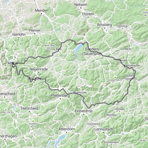 Karten-Miniaturansicht der Radinspiration "Herausfordernde Roadtour im Sauerland" in Arnsberg, Germany. Erstellt vom Tarmacs.app-Routenplaner für Radtouren