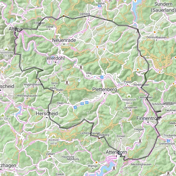 Karten-Miniaturansicht der Radinspiration "Aussichtsreiche Tour durch das Sauerland" in Arnsberg, Germany. Erstellt vom Tarmacs.app-Routenplaner für Radtouren