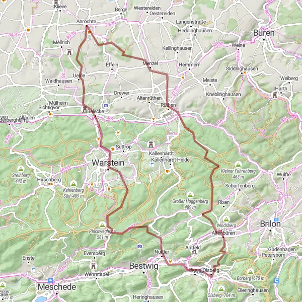 Map miniature of "Rüthen - Altenbüren - Warenberg Loop" cycling inspiration in Arnsberg, Germany. Generated by Tarmacs.app cycling route planner