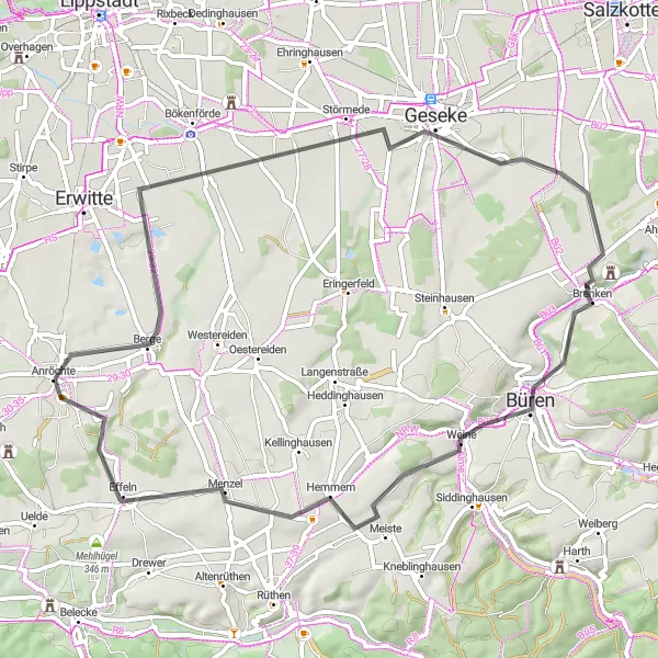 Map miniature of "Berge - Geseke - Büren Loop" cycling inspiration in Arnsberg, Germany. Generated by Tarmacs.app cycling route planner