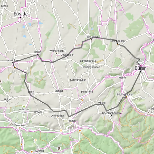 Map miniature of "Berge and Effeln Loop" cycling inspiration in Arnsberg, Germany. Generated by Tarmacs.app cycling route planner