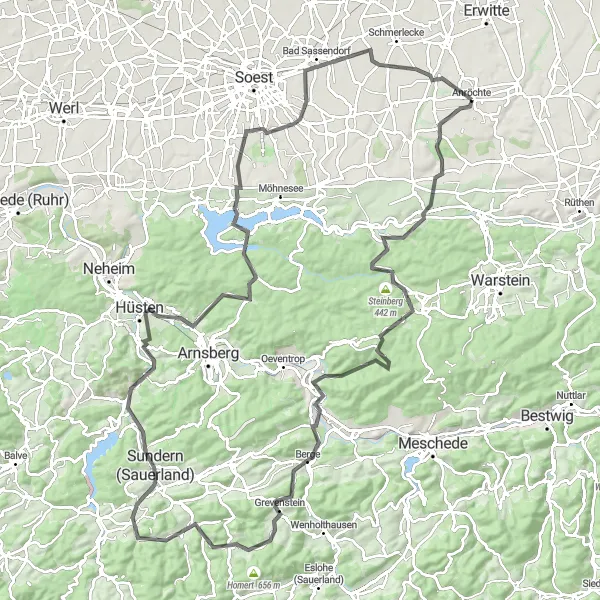 Map miniature of "Sichtigvor and Hachen Adventure" cycling inspiration in Arnsberg, Germany. Generated by Tarmacs.app cycling route planner