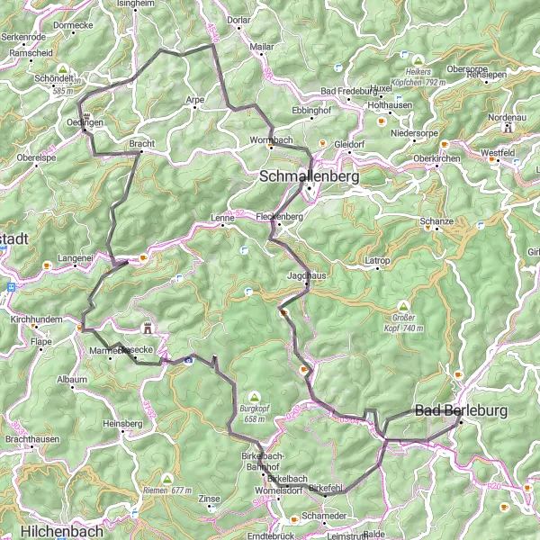 Map miniature of "Schmallenberg Challenge" cycling inspiration in Arnsberg, Germany. Generated by Tarmacs.app cycling route planner