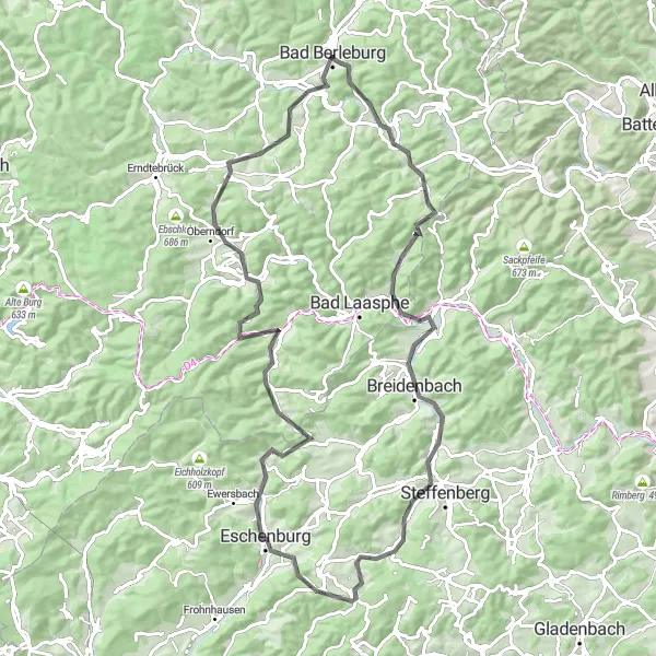 Map miniature of "The Berleburg Loop" cycling inspiration in Arnsberg, Germany. Generated by Tarmacs.app cycling route planner