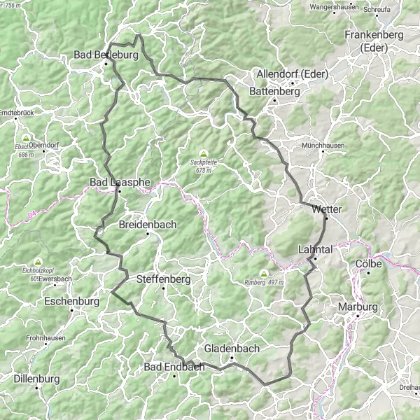 Map miniature of "Hills and Valleys" cycling inspiration in Arnsberg, Germany. Generated by Tarmacs.app cycling route planner