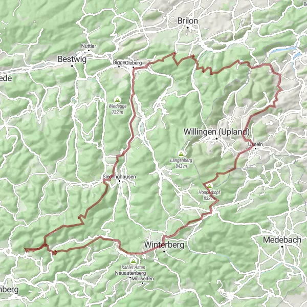Map miniature of "The Gravel Challenge of Hillekopfhütte" cycling inspiration in Arnsberg, Germany. Generated by Tarmacs.app cycling route planner
