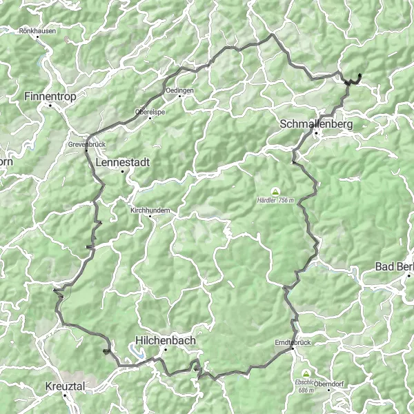 Map miniature of "The Scenic Road Cycling Journey to Müsen" cycling inspiration in Arnsberg, Germany. Generated by Tarmacs.app cycling route planner