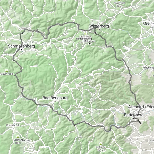 Karten-Miniaturansicht der Radinspiration "Road-Tour durch Arnsberg" in Arnsberg, Germany. Erstellt vom Tarmacs.app-Routenplaner für Radtouren