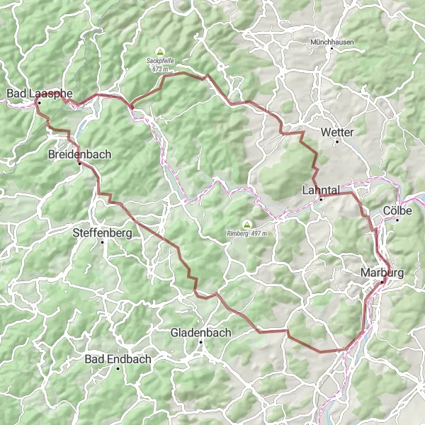 Map miniature of "Lahn Valley Gravel Adventure" cycling inspiration in Arnsberg, Germany. Generated by Tarmacs.app cycling route planner