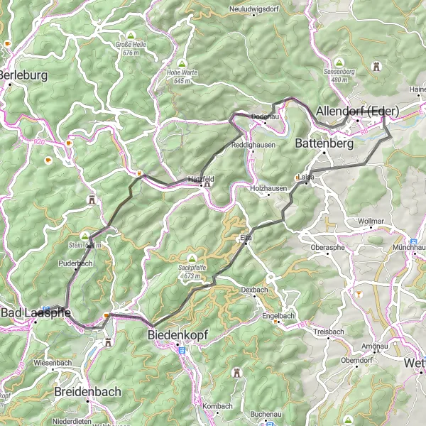 Map miniature of "Tour de Lahn" cycling inspiration in Arnsberg, Germany. Generated by Tarmacs.app cycling route planner