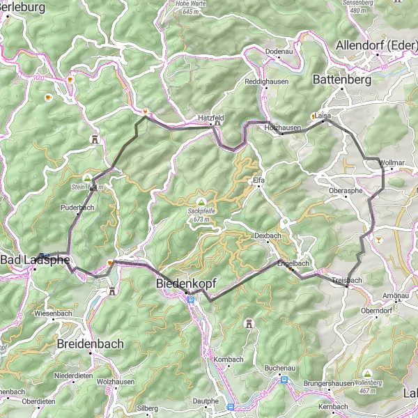 Map miniature of "The Hinterland Road Cycling Challenge" cycling inspiration in Arnsberg, Germany. Generated by Tarmacs.app cycling route planner